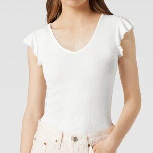 Mango Ribbed V-Neck Blouse/T-Shirt (XS) - White